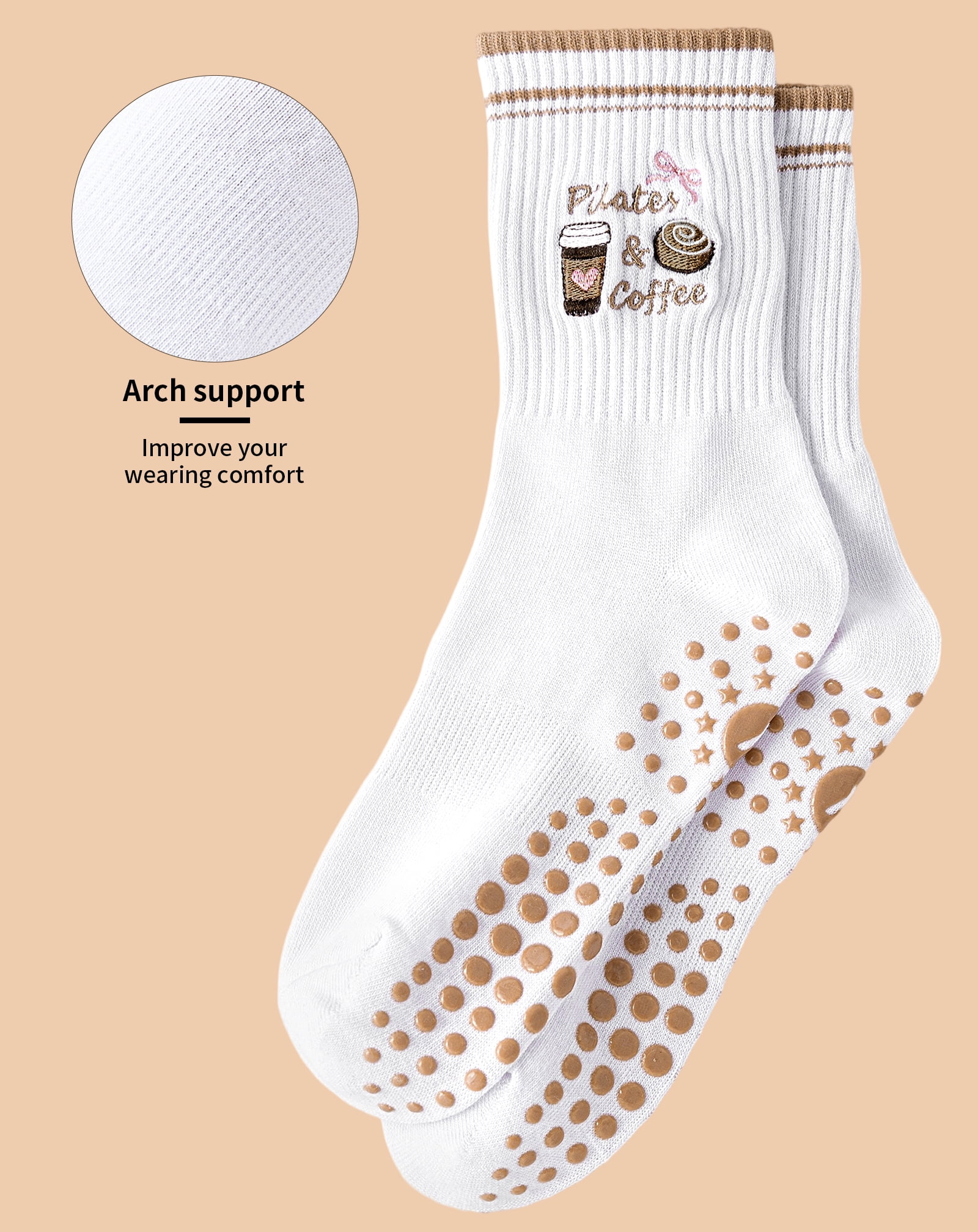 Yawlsow Pilates Grip Socks for Women, Grippy Yoga Socks with Coffee Embroidery for Barre Ballet Workout, US Size 5-10