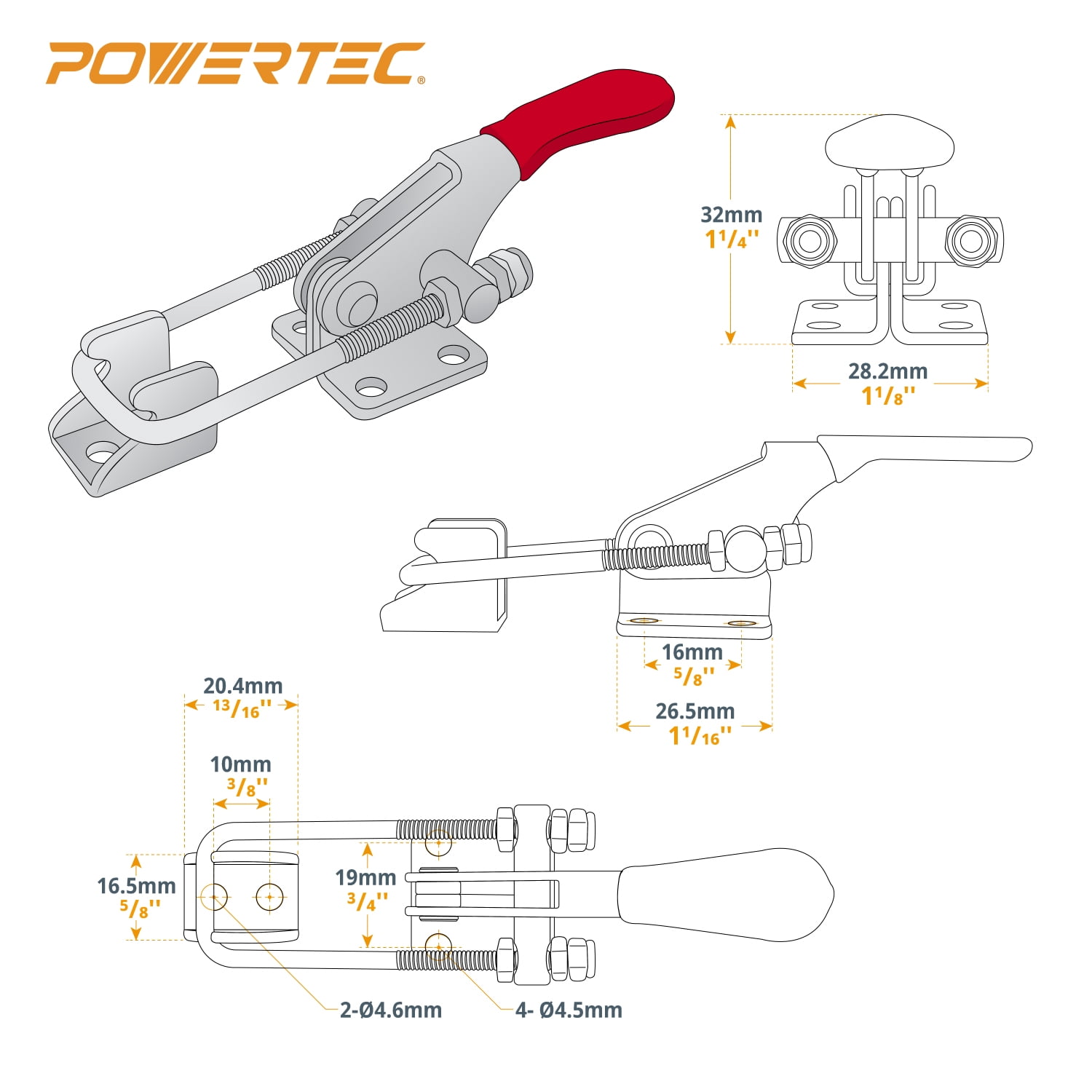 POWERTEC 4PK Toggle Clamp, 400 lbs Holding Capacity, 323 Adjustable U Bolt Latch w/ Antislip Hand Grip for Woodworking Jigs & Fixtures, Smoker, Tire Carrier, Tool Box, Cabinet (20310-P4)
