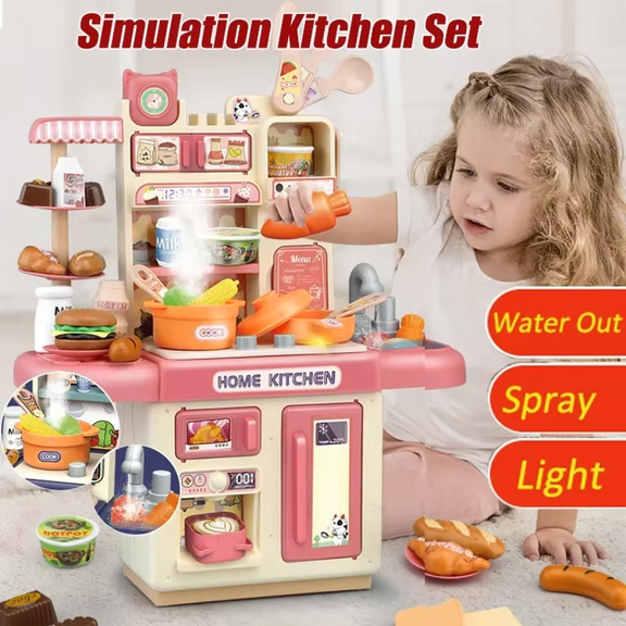 Kids Kitchen Playset Pretend Play Set with Lights, Sounds & Play Sink Kitchen Accessories Set for Toddlers(Red)