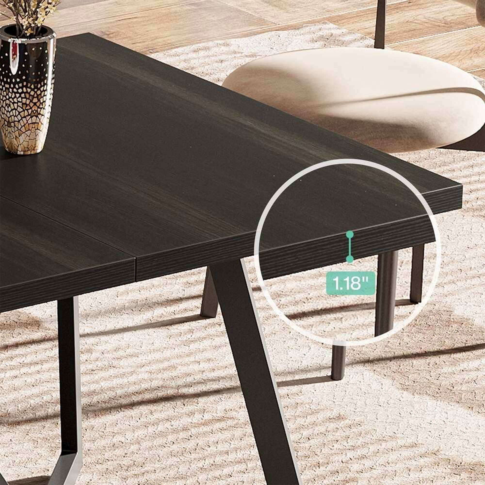 MAYEERTY 70.8 Inch Black Brown Wood Grain Dining Table, MDF Metal Leg Rectangular Table Seats 6-8 Home Café Office