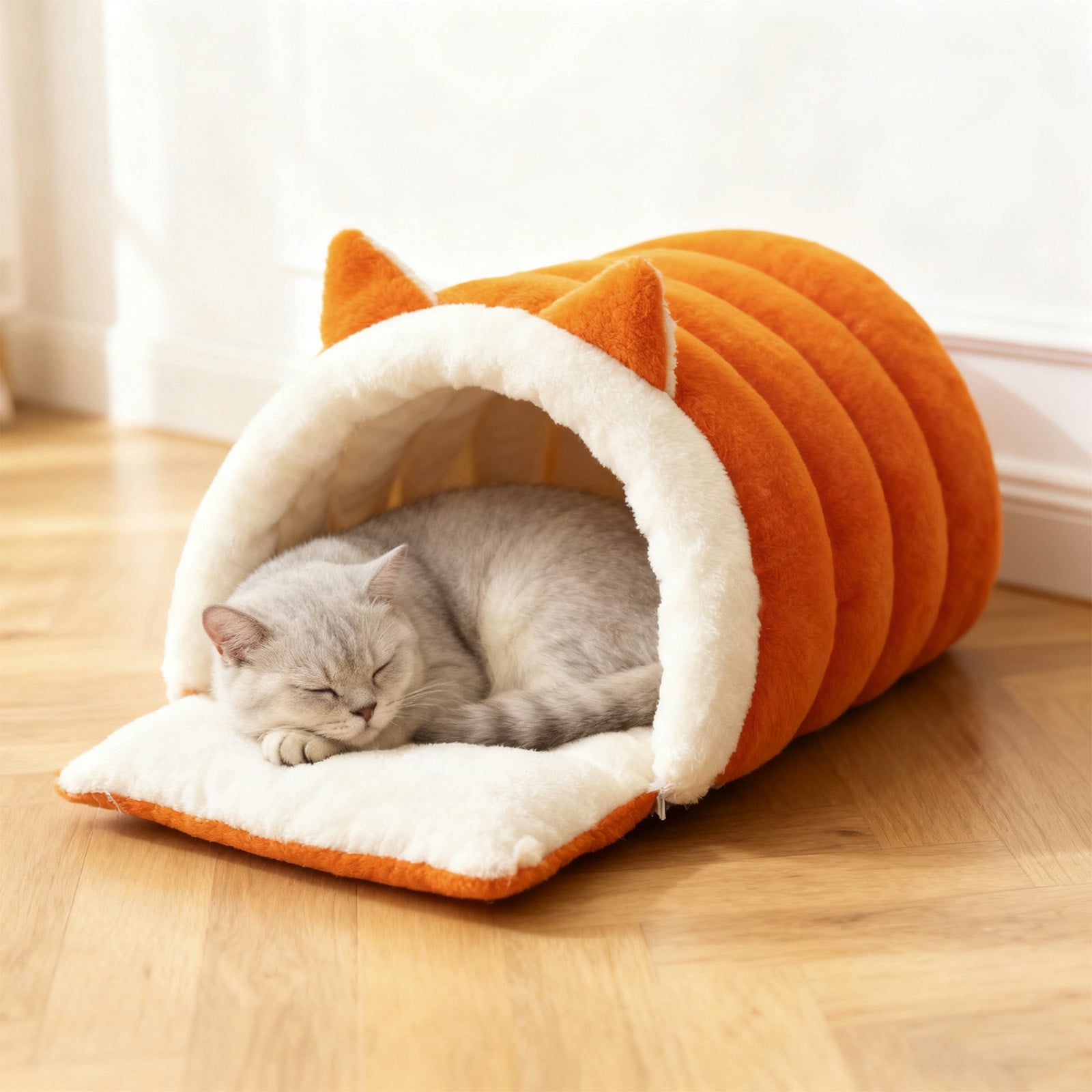Washable Cat Bed, Warm Plush Non-Slip Semi-Enclosed Kitten Bed Cat Furniture, Pet Sleeping Bed for Cold Weather Indoor Living Room Home Decor for Cats and Small Dogs