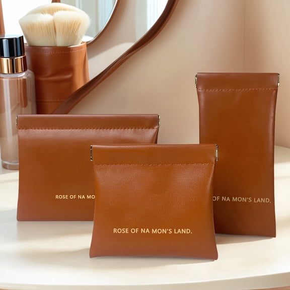 Mocha Brown Cosmetic Pouch Set, PU Leather Makeup Organizer Bags with Snap Frame Closure