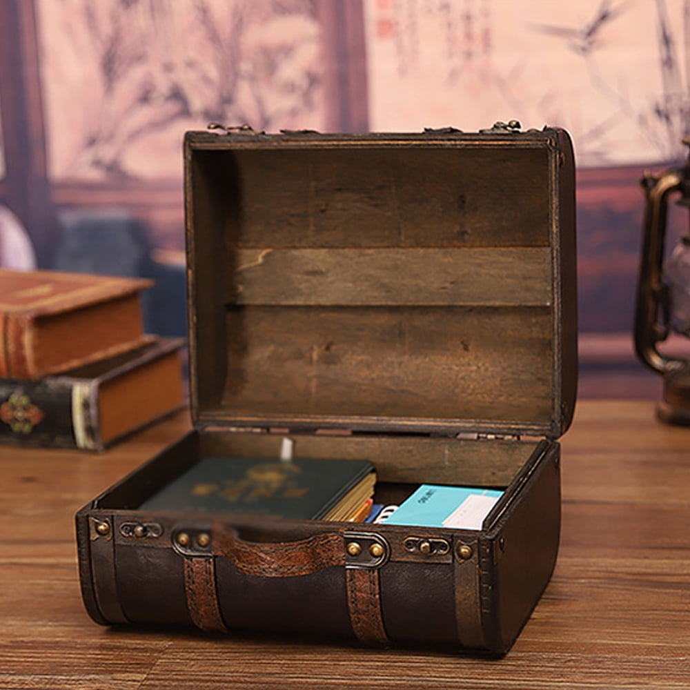 vintage Suitcase Wood Leather Finished Antique Storage Box Decorative Luggage for Photography Props Home Decoration