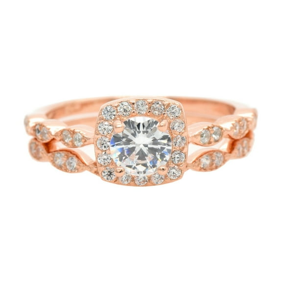 Halo Set Cubic Zirconia Square Stackable Set Ring Rose Gold-Toned Sterling Silver Size 8