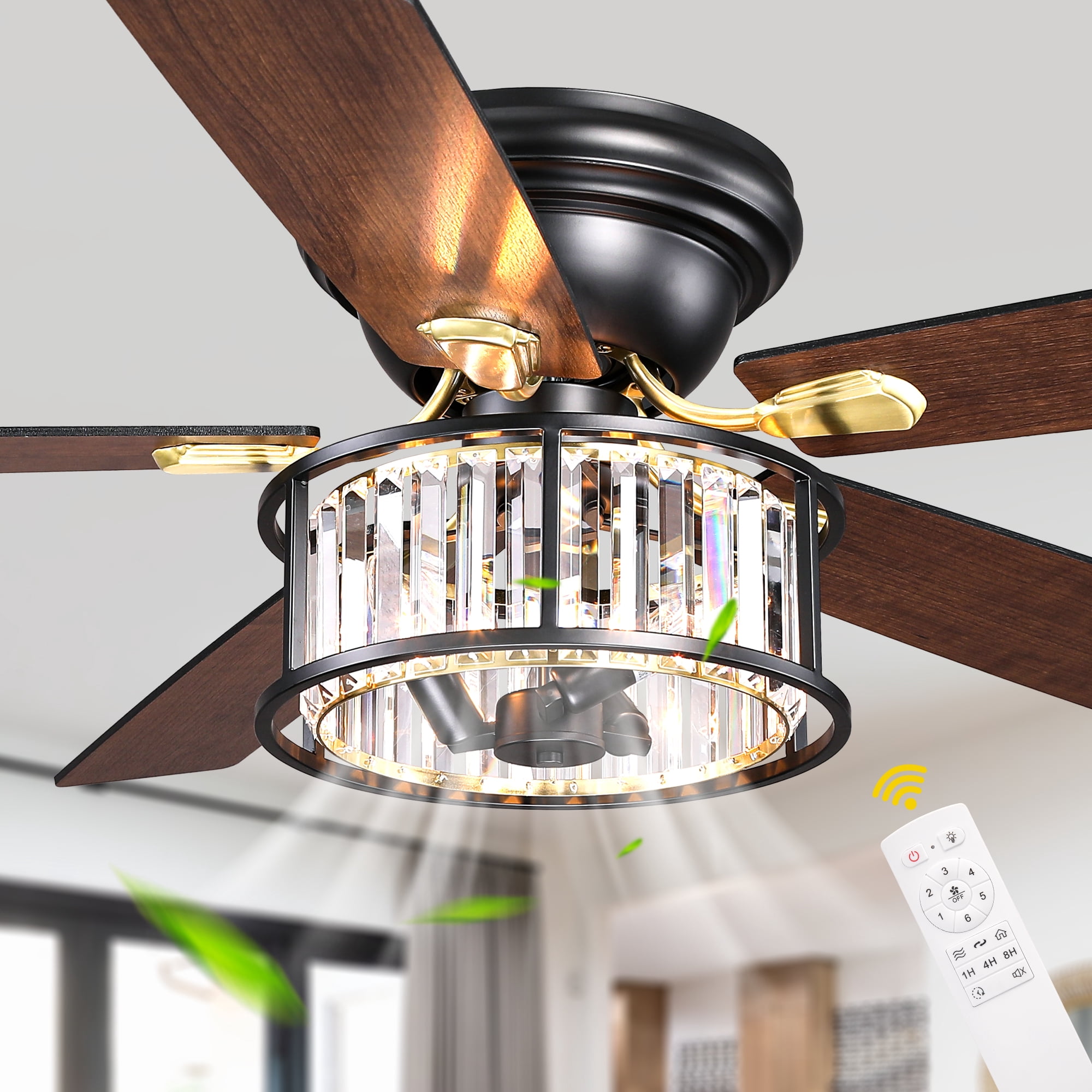Chords Attic 52" Black Crystal Flush Mount Ceiling Fan with Light and Remote Control, Low Profile Fandelier Ceiling Fan with 6-Speed DC Motor for Living Room, Bedroom