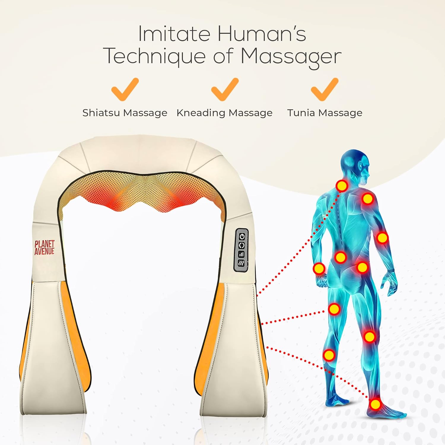 Neck and Back Massager with Soothing Heat, Electric Deep Tissue Kneading Massage Pillow for Neck, Back, Shoulder, Leg, Body Muscle Pain Relief, at Home, Office, or Car Use - Orange
