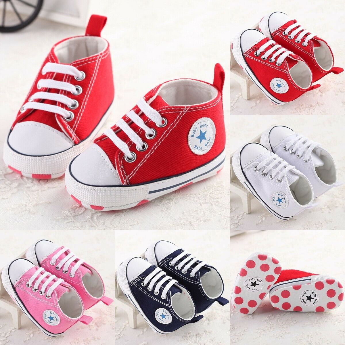 Sunloudy New Cute Newborn Baby Boy Girl Crib Shoes Canvas Soft Sole Pram Anti Slip Sneaker 0 18m White