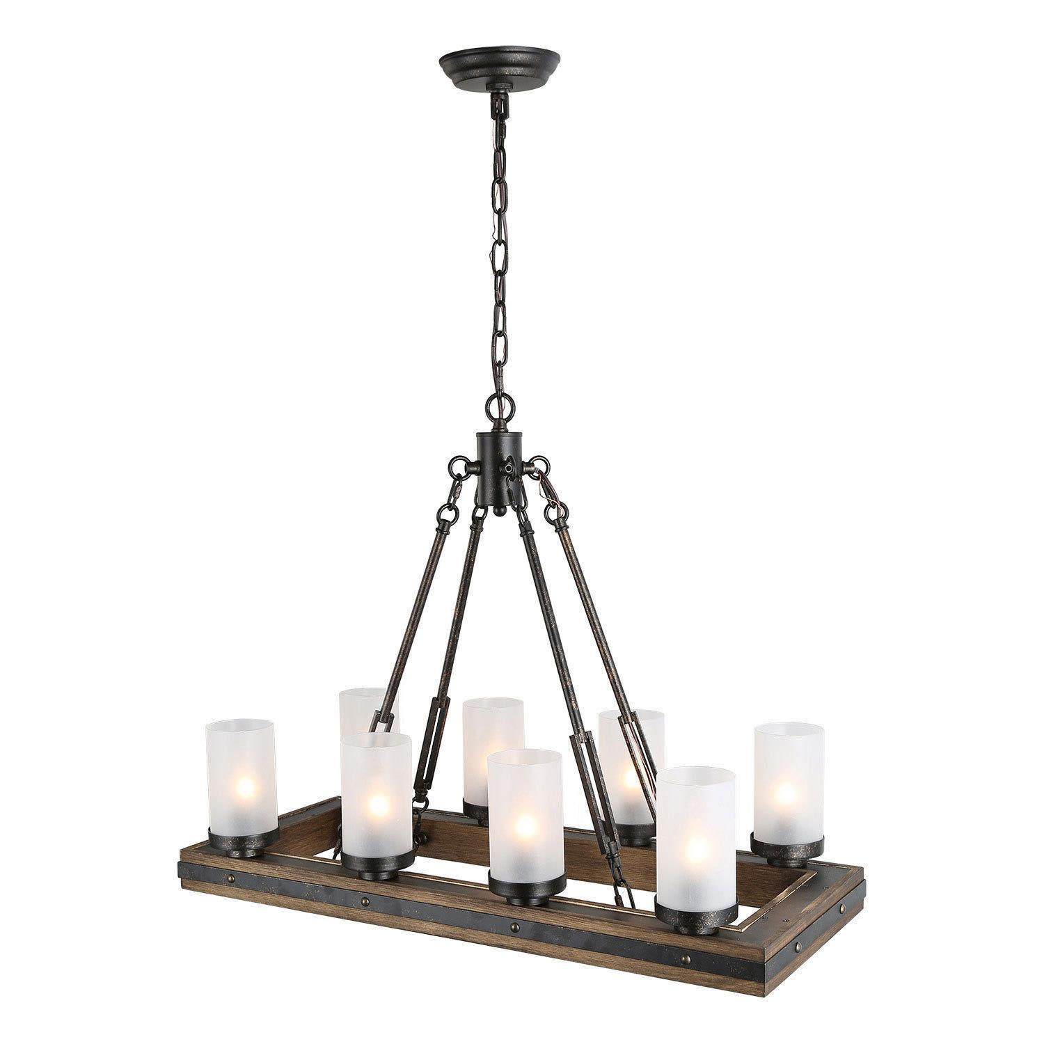 LNC 8-Light Distressed Wood and Black Linear Chandelier with Frosted Glass