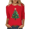 thumbnail image 3 of Feancey 3/4 Sleeve Womens Tops Casual Crewneck Christmas T-Shirts Dressy Trendy Xmas Tree Print Blouse Loose Fit Tee Shirt Red L, 3 of 6
