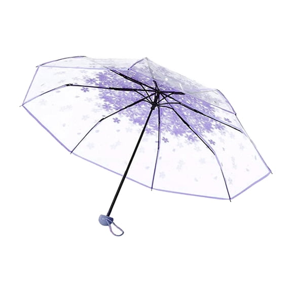 Plastic Transparent Folding Light Purple Cherry Flower Blossom Umbrella, Travel Clear Floral Rain Umbrella Outdoor Fashionable Windproof for Adult Kids Girls Princess Women