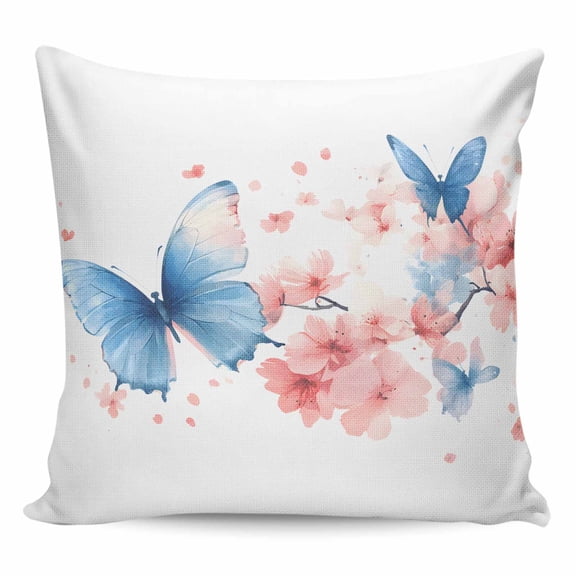 Throw Pillow Covers 16x16 Inch, Blue Butterfly Decorative Pillow Cases for Couch Sofa Bed, Watercolor Spring Blossom Nature Flowers Cotton Linen Square Home Decor Pillowcases with Hidden Zipper
