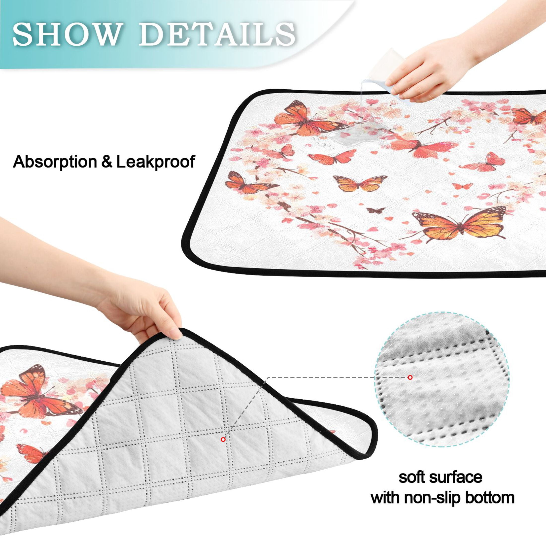 Qxltty Orange Butterfly Pink Floral Cat litter Pads Pet Set of 3 Diaper Mats Center Anti-leakage Layer Absorbent Soft and Comfortable