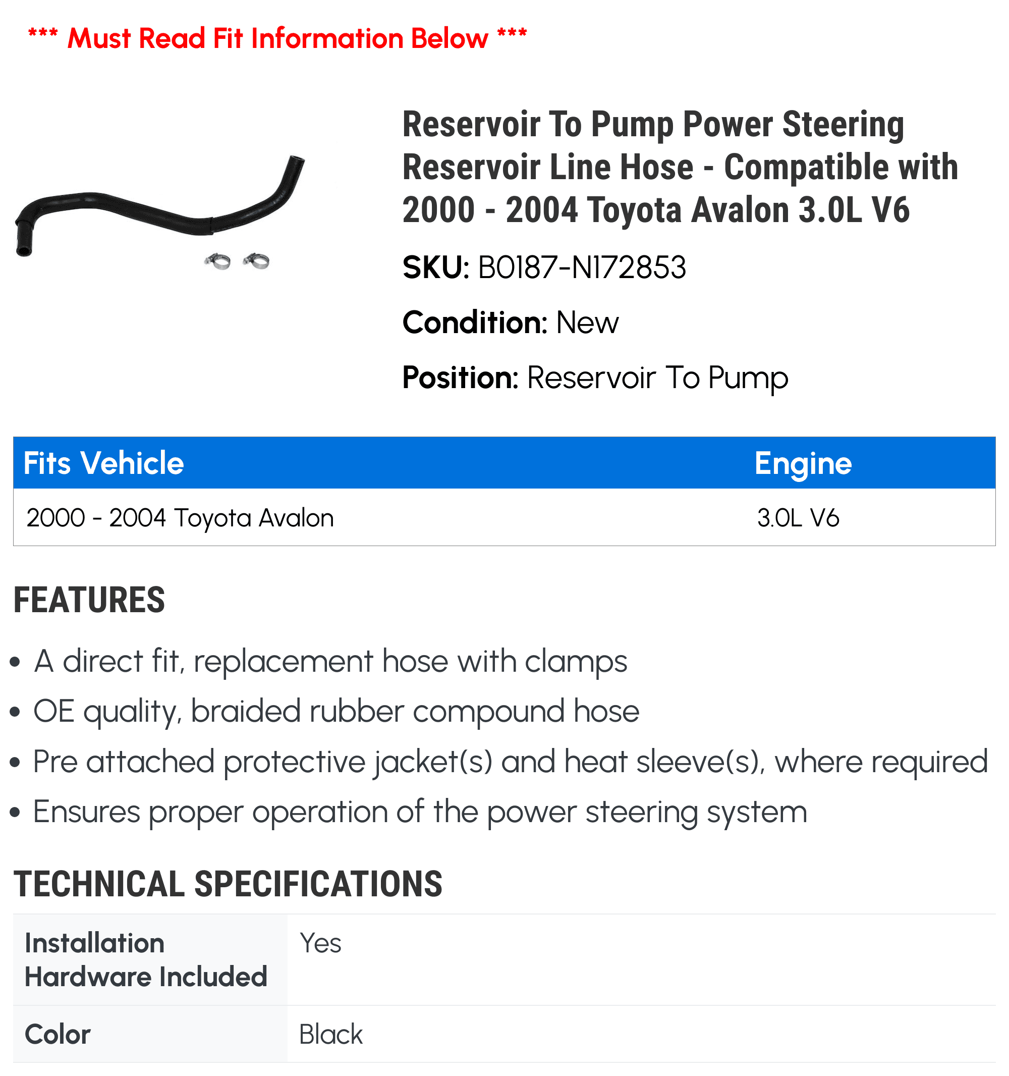 Reservoir To Pump Power Steering Reservoir Line Hose - Compatible with 2000 - 2004 Toyota Avalon 3.0L V6 2001 2002 2003