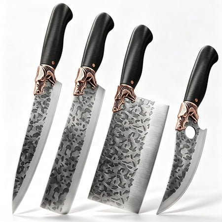 WXCOO Japanese Chef Knife Set 4 Piece with Dragon Head Handle Hand-Forged High Carbon Stainless Steel Kitchen Knives Set Lightweight Non-Slip PP Handle Razor Sharp Hammered Blade Knife Set