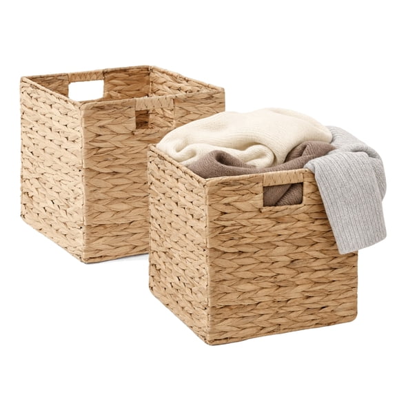 Water Hyacinth Storage Basket, Set of 2 Hand-Woven Wicker Baskets, Foldable Cube Storage Bins, Wicker Cube Laundry Organizer, Square Baskets for Organizing Shelves Decor, 12x12x12in