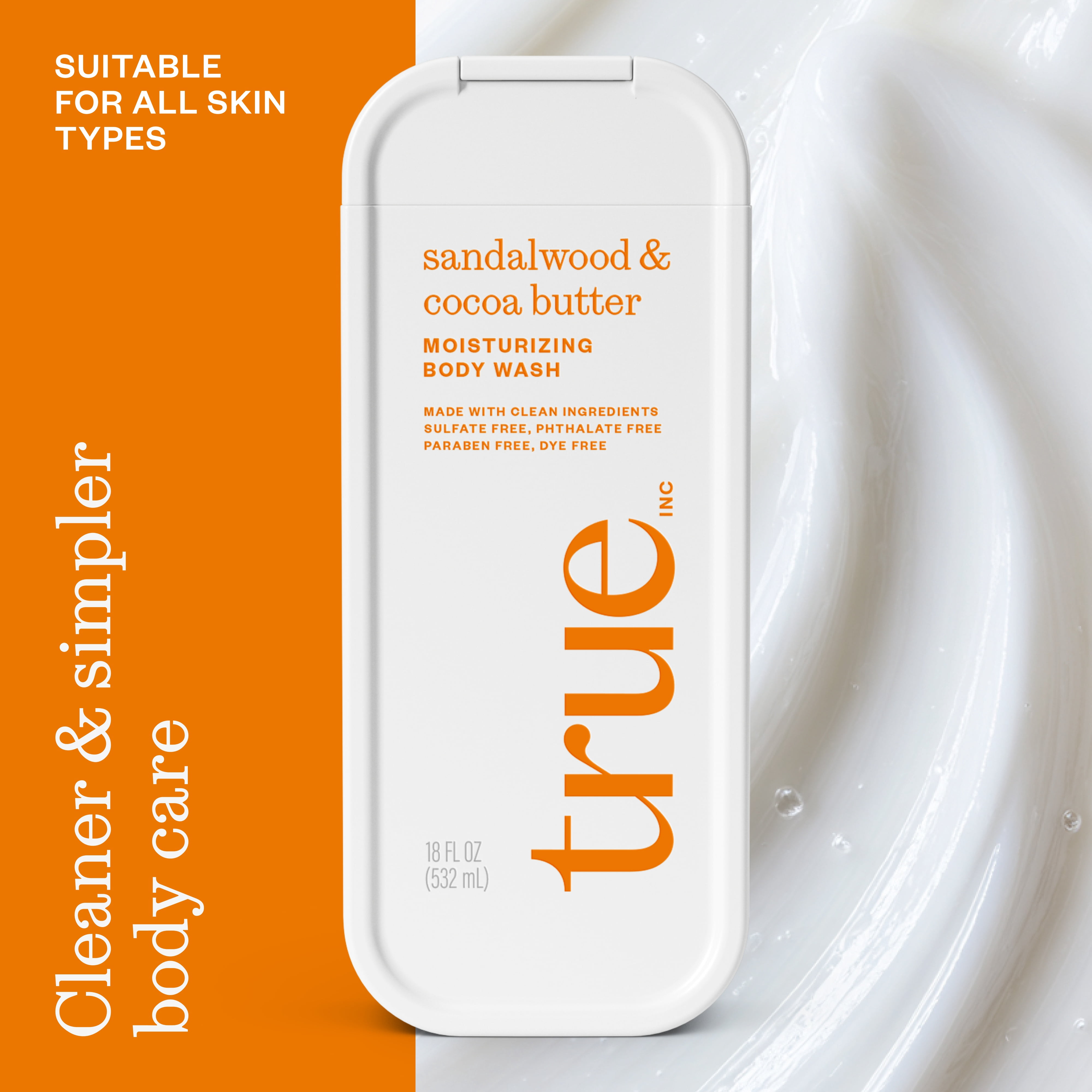 (6 pack) True Sandalwood & Cocoa Body Wash, Sulfate-Free, Moisturizing and Hydrating Formula for Women & Men, 18 fl oz
