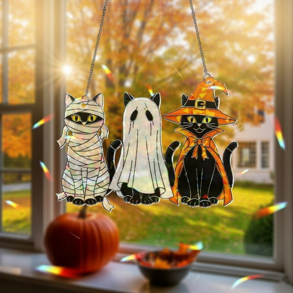 ViciArt Halloween Cat Trio Suncatcher – 4" Holographic Acrylic Window Hanging, Black Cat Decor Set