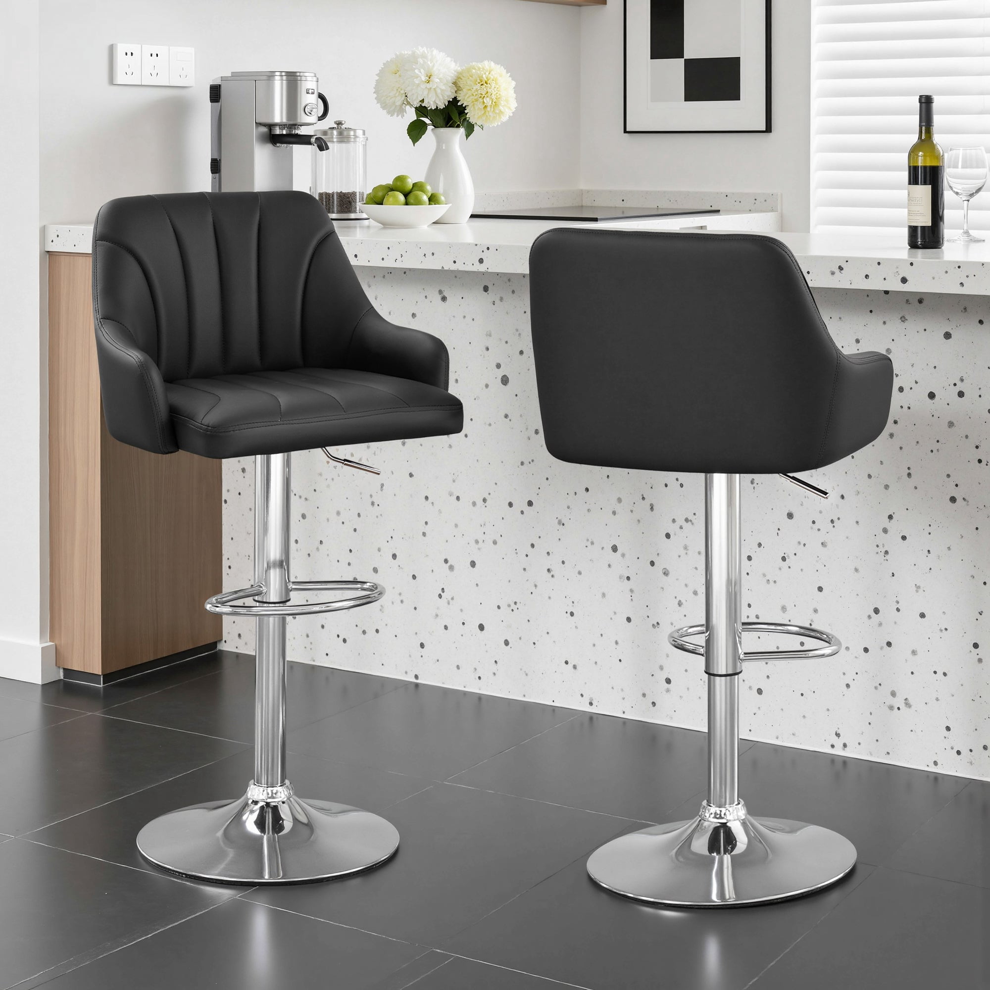 VECELO Set of 2 Swivel Bar Stools, Adjustable Counter Height Barstools Faux Leather Chair with Backrest and Armrest, Black