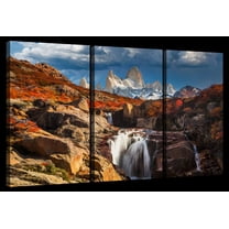 Elephant Stock Mount Fitz Roy In Fall Wall Art - Horizontal Multi Panel Canvas - 3 Pieceliving Room Wall Decor - Photography Nature Multi Panel - Brown And Blue Decor - 23" x 14"