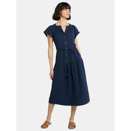 Time and Tru Women's Double Cloth Cotton Midi Dress, Sizes XS-XXXL