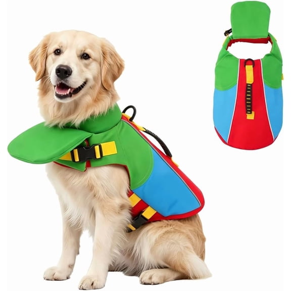 Front Float Dog Life Jacket with Chin Support and Rescue Handle, Adjustable Reflective Ripstop Vest for Swimming