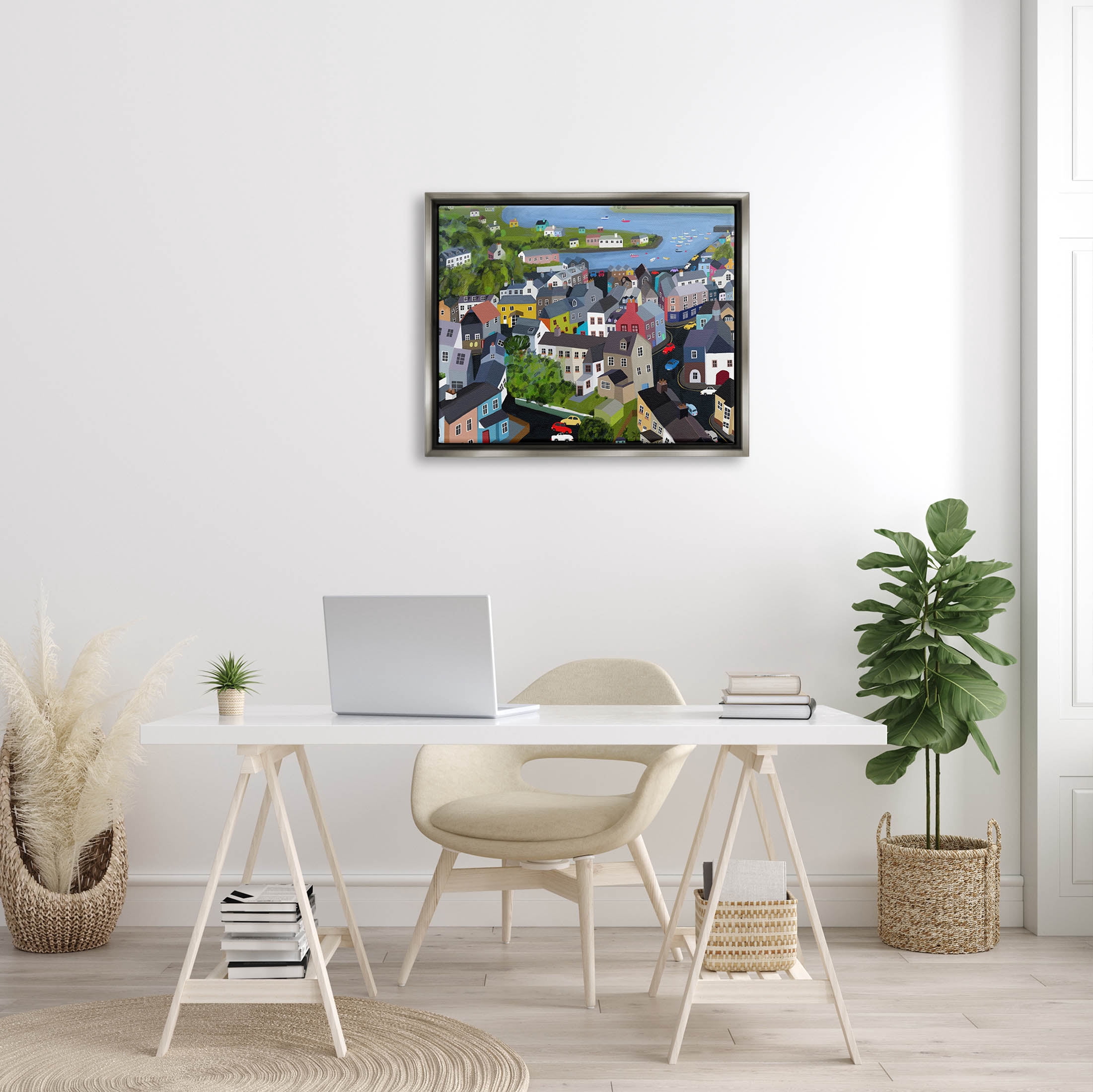Stupell Industries Neighborhood Houses River Architecture Graphic Art Luster Gray Floating Framed Canvas Print Wall Art, Design by Carla Daly