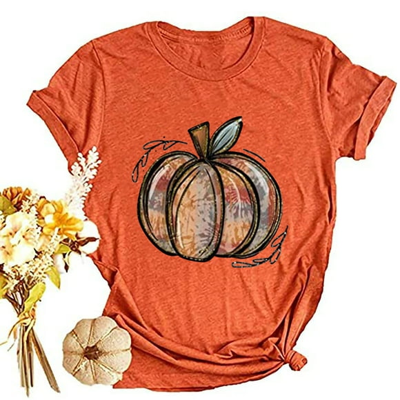 WREESH Women's Pumpkin Shirt Women Plaid Leopard Graphic Tees Funny Cute Short Sleeve Fall Shirt Thanksgiving Gift Tops