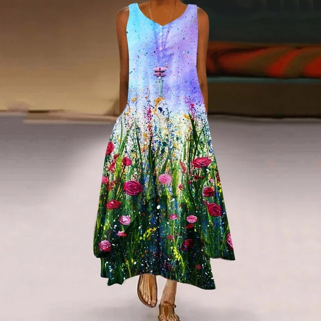 LOVZFMLL Dresses Women Casual Draw Back Printed Sleeveless Ruffle Lace-up Cold Shoulder Dress
