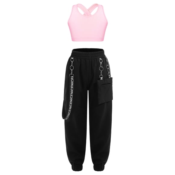 Sinleey Ensemble de Danse Hip-Hop 2 Pcs pour Filles Enfants, Hauts Courts à Nouer, Chandails de Yoga avec Chaîne de Rue, Pantalons Cargo, Pantalons de Survêtement, Rose A 10