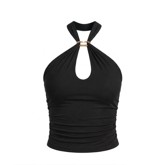 Rave Outfits for Women 1 Pc Black Summer Tops, Sexy V Neck Tie Open Back Sleeveless Halter