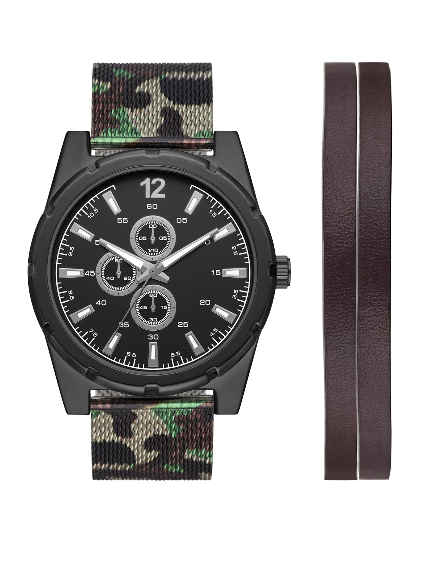 George Men's Watch Set with Brush Gunmetal Tone Round Case. Black Dial, Camo Printed Mesh Band, Brown Double Strap Vegan Leather Bracelet