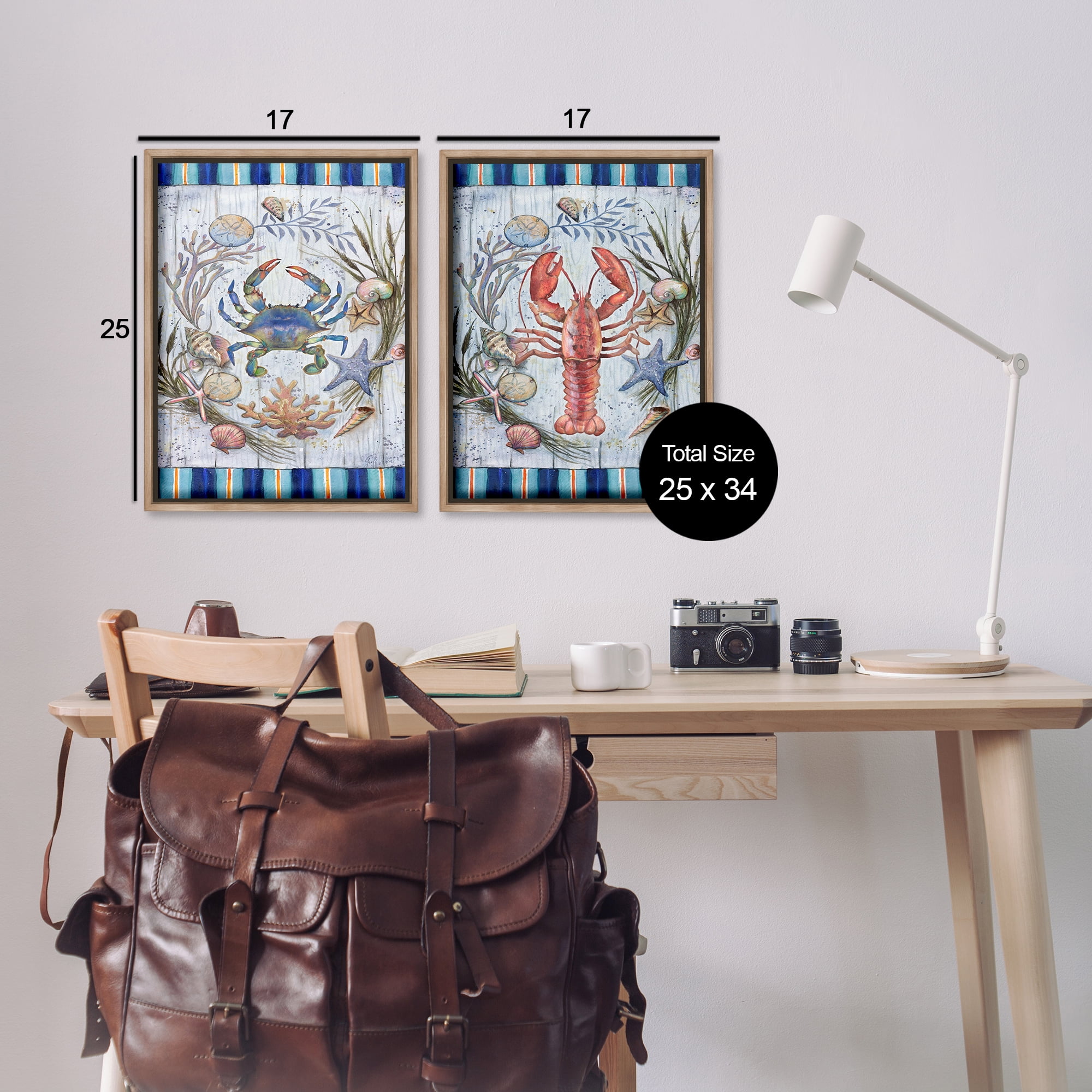 Stupell Industries Coastal Sea Life Stripes Nautical & Beach Painting Brown Floater Framed Canvas Art Print Wall Art, 17 x 25, Set of 2