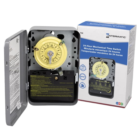 Intermatic T104 24-Hour Mechanical Timer Switch - 208–277 VAC, DPST, Indoor Metal Enclosure, Heavy-Duty, Manual Override, 40 Amp - Ideal for Li