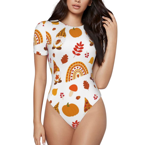 Fotbe Fall Gnomes Harvest Body de Mujer con Cuello Redondo y Mangas Cortas, Sin Mangas Ajustado, Suave, Cómodo y Básico-Medium