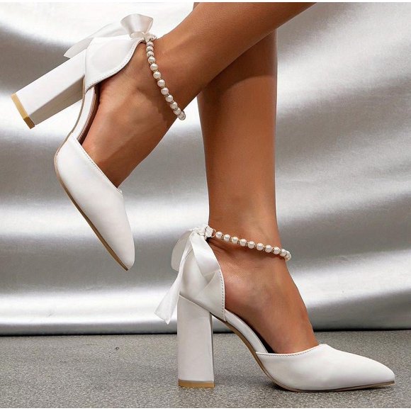 Pearl Wedding Shoes for Bride Chunky Heel Poined Toe Wedding Block Heels Prom Evening Pumps Shoes for Women Girls