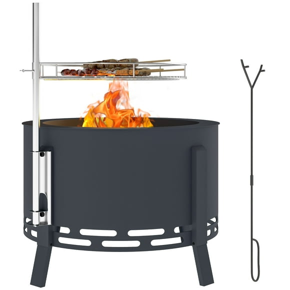 Outsunny Outdoor Fire Pit Firepit with Grill Grate Ash Catcher Poker, Black