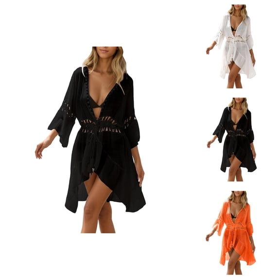 Swimsuit Coverup for Women 3/4 Sleeve Deep V Neck Tie Waist A Line Ruffle Flowy Knee Length Dress Beach Cover Up
