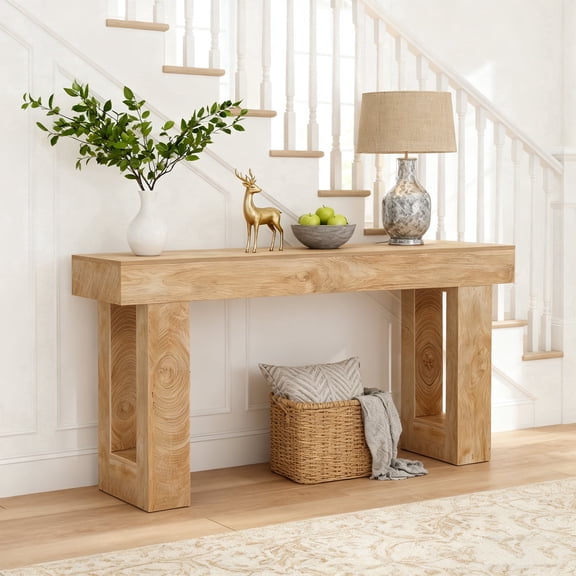 KIOOTTO 63" Smoked Amber Bohemian Command Console – 160cm Extra-Long Artisanal Gallery Table with Fluted Structural Detailing and Reinforced Dual-Tier Open Pavilion in Warm Walnut