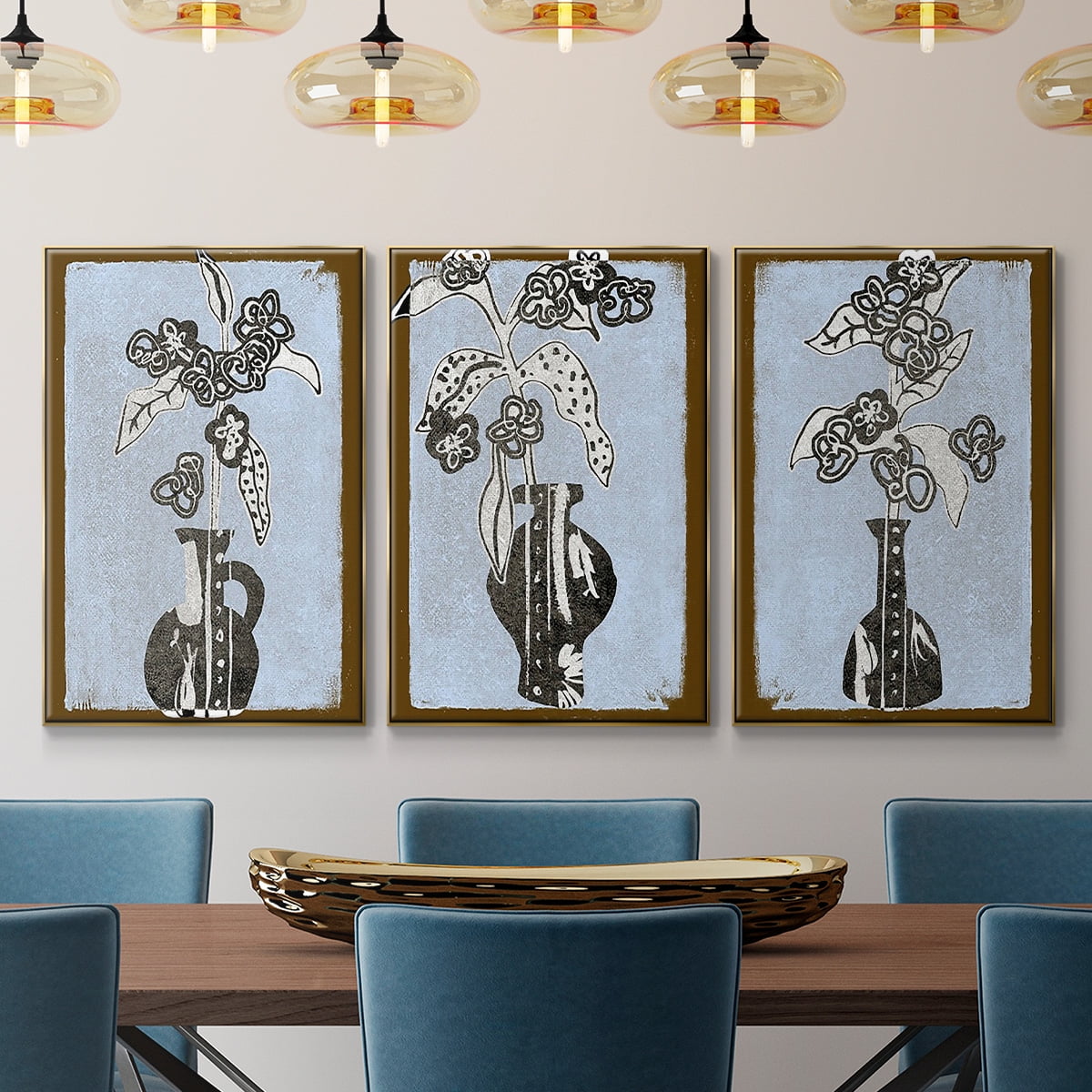 Graphic Flowers in Vase I - Framed Premium Gallery Wrapped Canvas L Frame 3 Piece Set - Ready to Hang