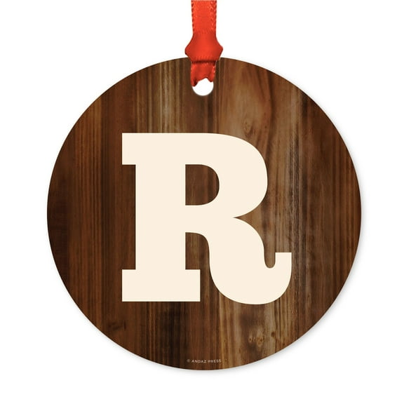 Metal Christmas Ornament, Monogram Letter R, Rustic Wood, Includes Ribbon and Gift Bag