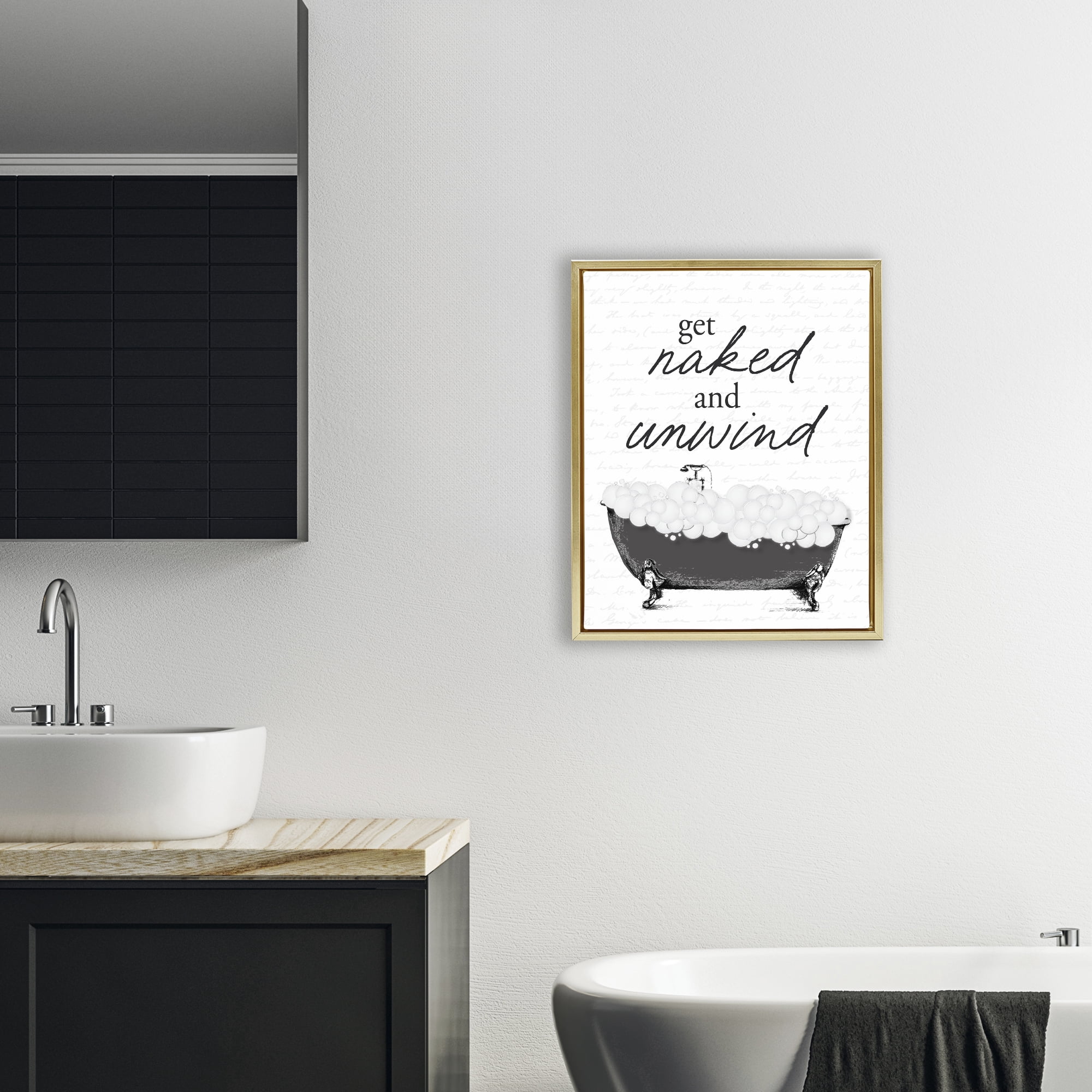 Unwind Bubble Bath Gold Framed Floater Canvas Wall Art, design by Lettered and Lined