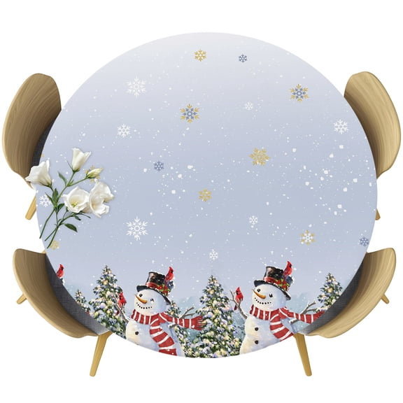 Round Fitted Tablecloths with Elastic Edge Snowman Christmas Tree Snowflake Oil-Proof Waterproof Wipeable Table Cover for Kitchen Dining Party Decor Winter Snow Blue Gradient Table Clothes,36" - 44"