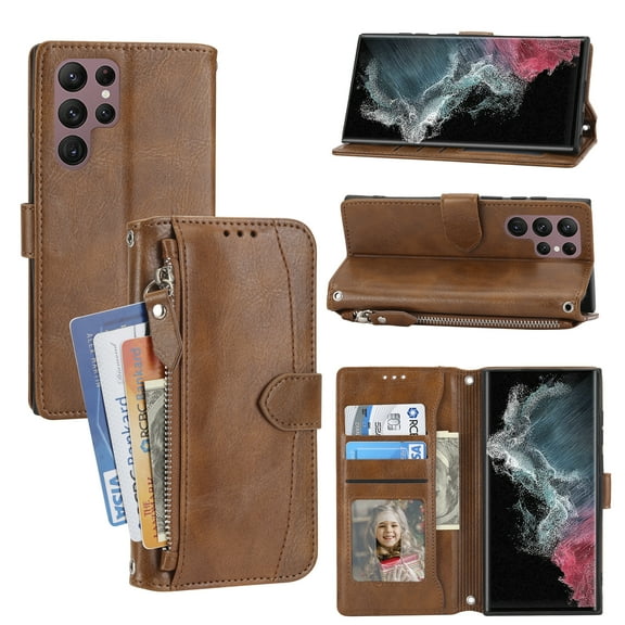 Dteck Flip Case for Samsung Galaxy S25 Ultra, Shockproof PU Leather Wallet Pocket Card Holder Magnetic Closure Anti Scratch Kickstand Cover with Crossbody Shoulder Strap, Brown