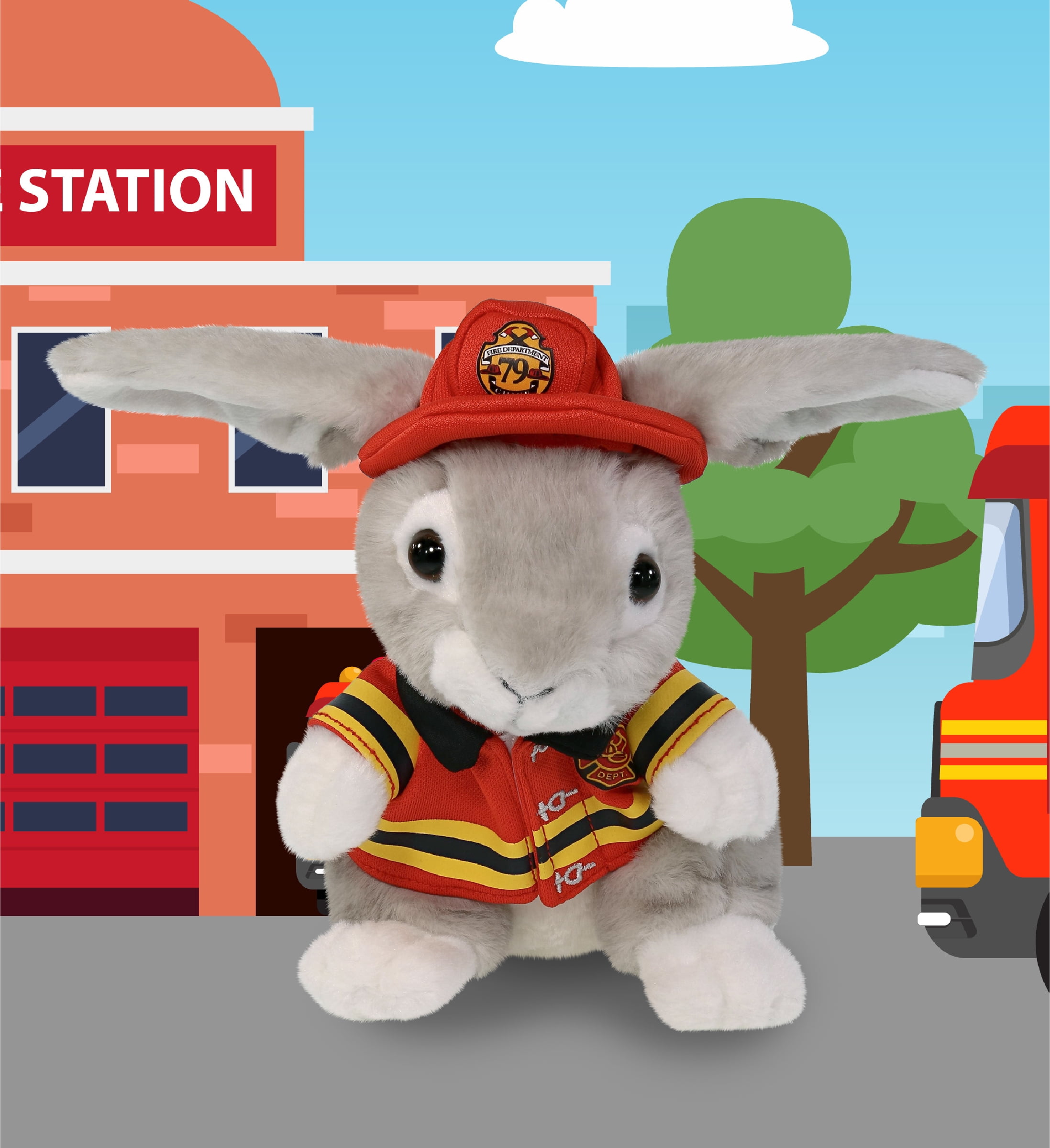 DolliBu Sitting Gray Rabbit Firefighter Stuffed Animal - Rabbit Fireman Toy with Red Fireman Costume Outfit and Fireman Hat, Farm Life Stuffed Animal Fire Fighter Doll Plush Toy for Kids - 6.5 Inch