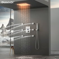 12 Inch Brushed Nickel Ceiling Rain Shower Head Thermostatic Rainfall Shower System Set with Body Jets