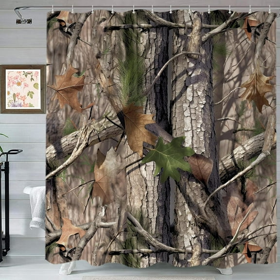 Camo Hunting Shower Curtain Set for Bathroom, Rustic Camouflage Camping Decor Fabric Shower Curtains Sets Fashion Fall Woodland Cabin Mens Bath Accessories with Hooks 72 X 72 inch