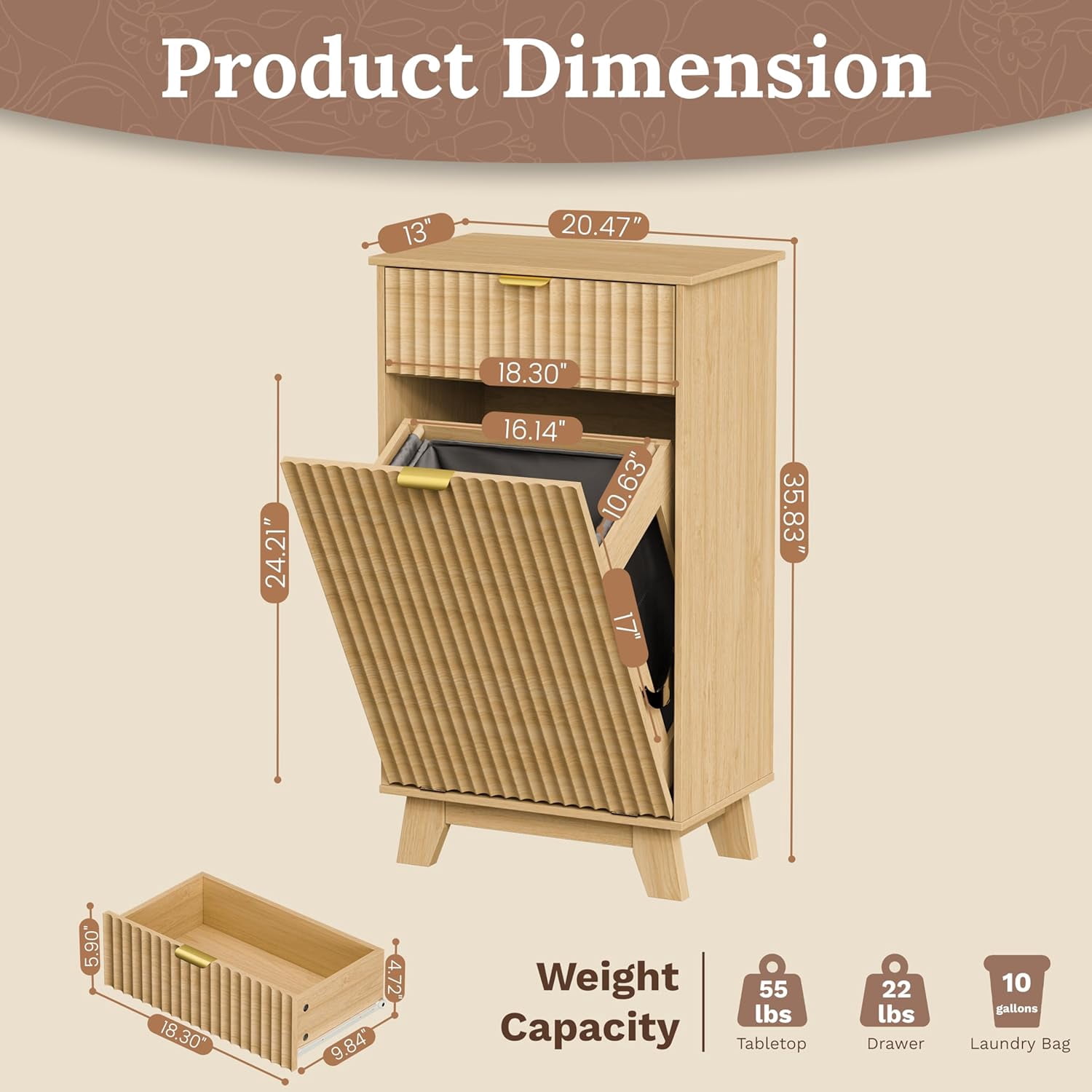FANRAL Single Tilt Out Laundry Hamper Cabinet,10 Gallon Wooden Hidden Storage Cabinet,Fluted Trash Can for Bathroom Kitchen Living Room,Natural Oak Laundry Basket Cabinet