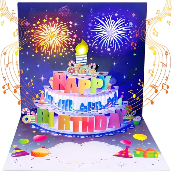 CCOCC Blowable Birthday Cards 3D Pop Up Fireworks Cake Light and Music Happy Birthday Card Gifts for Women Men Mom Kids