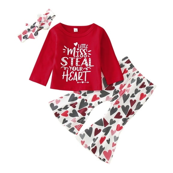 Coerni Toddler Baby Girls Clothes 6 12 18 24 Months Girls Valentine's Day Print Long Sleeve Tops Bell Bottom Headbands Outfits