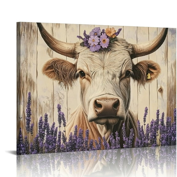 Highland Cow Canvas Wall Art, Highland Cow and Purple Lavenders on Wooden Background Poster Painting Rustic Farmhouse Animal Picture Print for Bathroom Living Room Decor